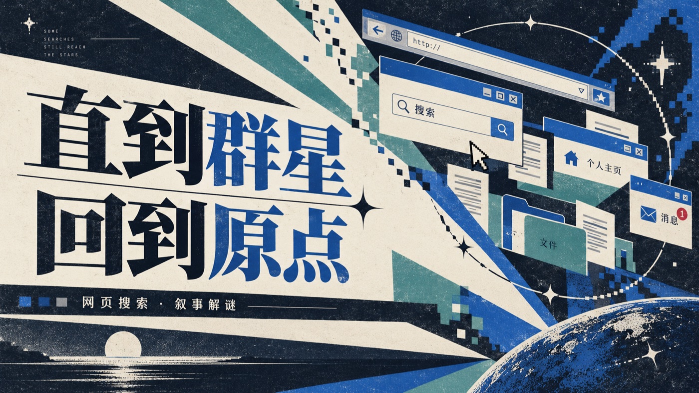 构成主义风格海报:深蓝与米色的放射构图,旧式浏览器窗口和星星